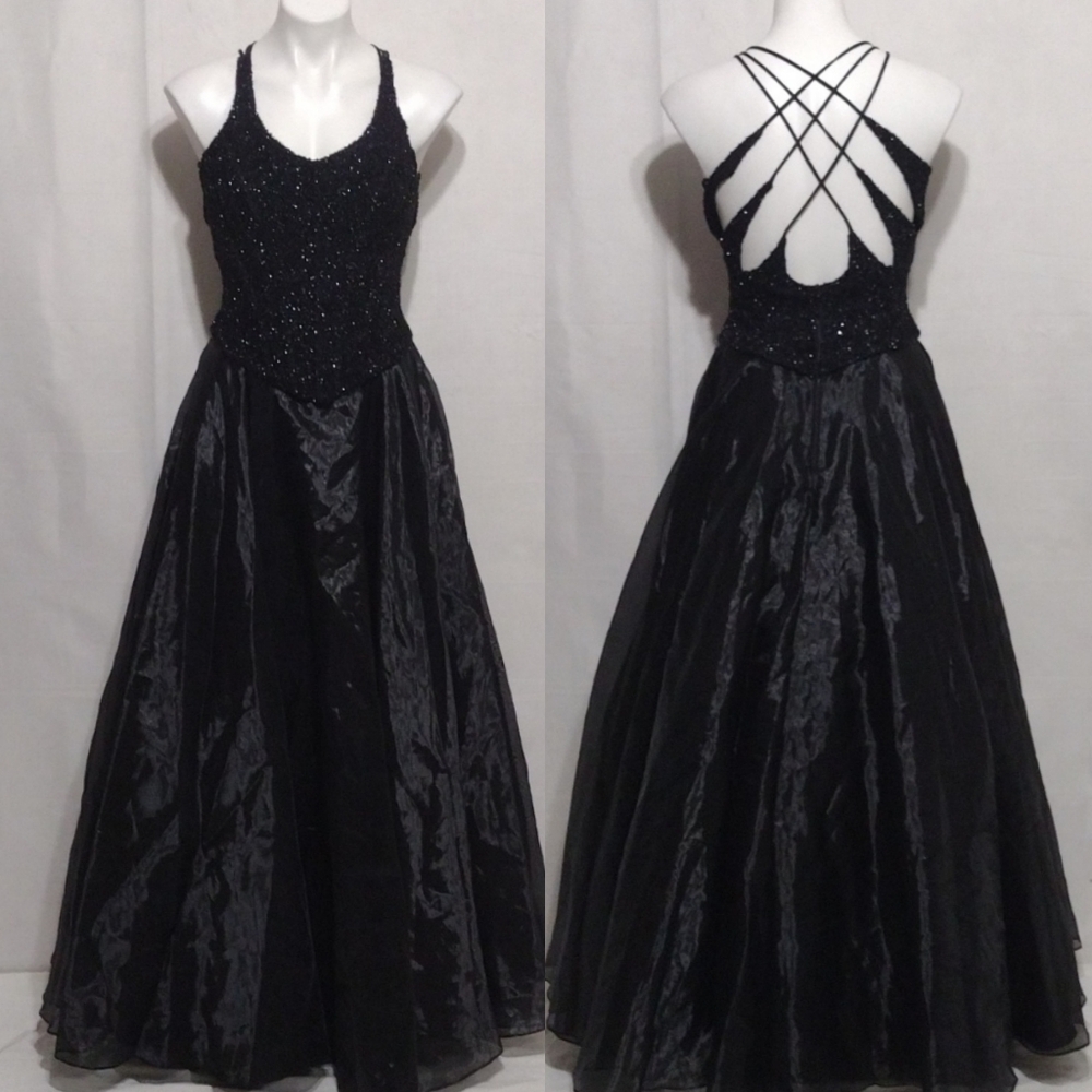 Black Taffeta Shimmery Ball Gown Corset Strappy Back Evening Glam Dress Small